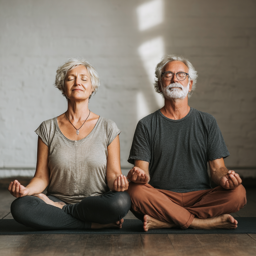 Інструктор йоги працює з літніми учасниками